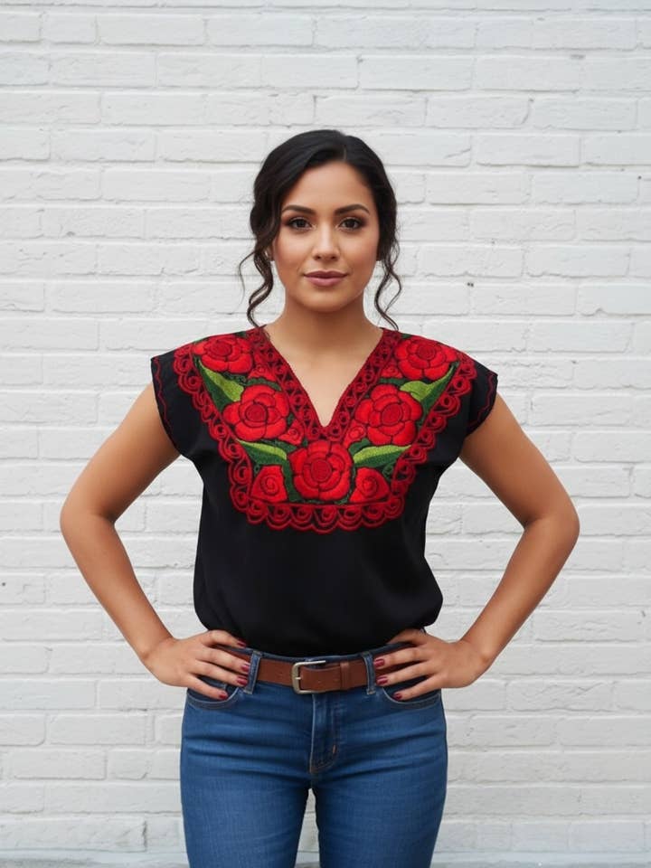 Zina Black Top with Red Embroidery for wholesale by Cielito Lindo