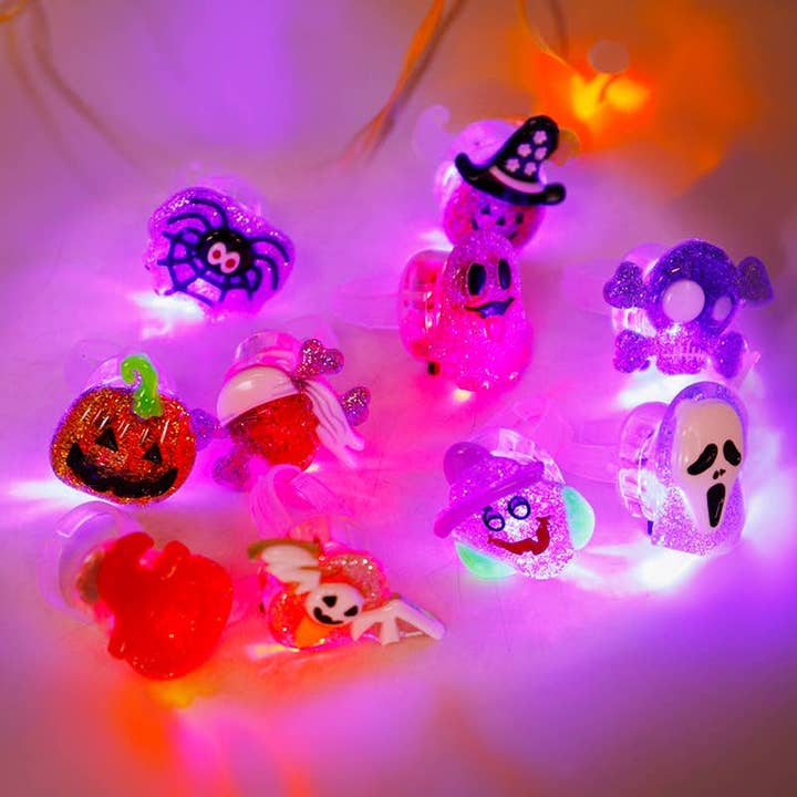 ASSORTED Halloween Glitter Charm Figurines Led Light-up Rings for wholesale on Faire2