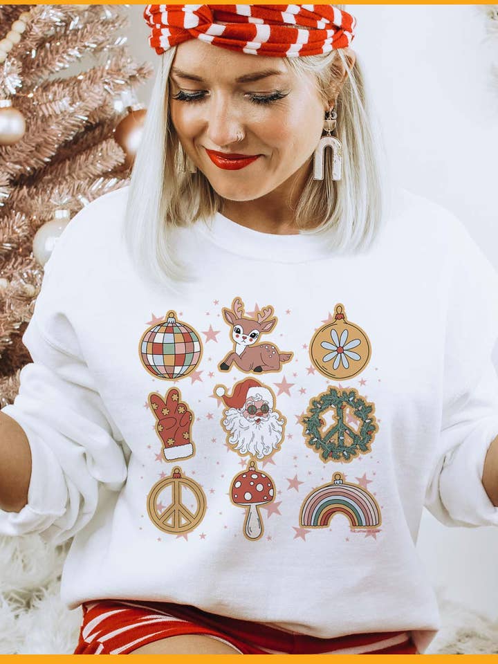 Christmas Groovy 9 Icon Graphic Holiday Sweatshirt for wholesale by THE LATTIMORE CLAIM