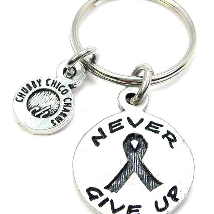 Never Give Up With Ribbon Key Chain Suicide Awareness for wholesale by Chubby Chico Charms