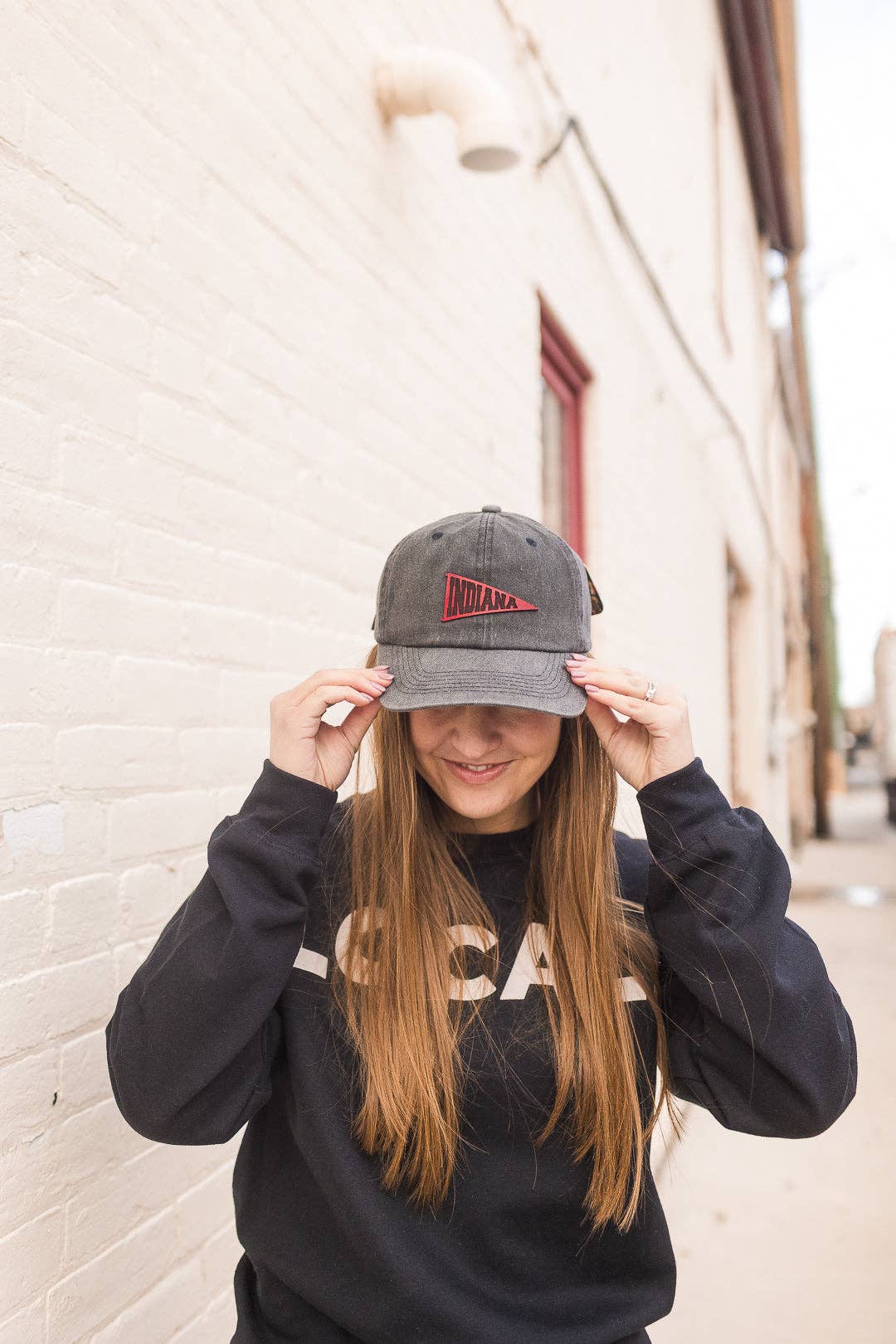 Left Grain - Wholesale Baseball Cap - Women's - Indiana Pennant Leather Patch Hat on Charcoal Dad Hat5