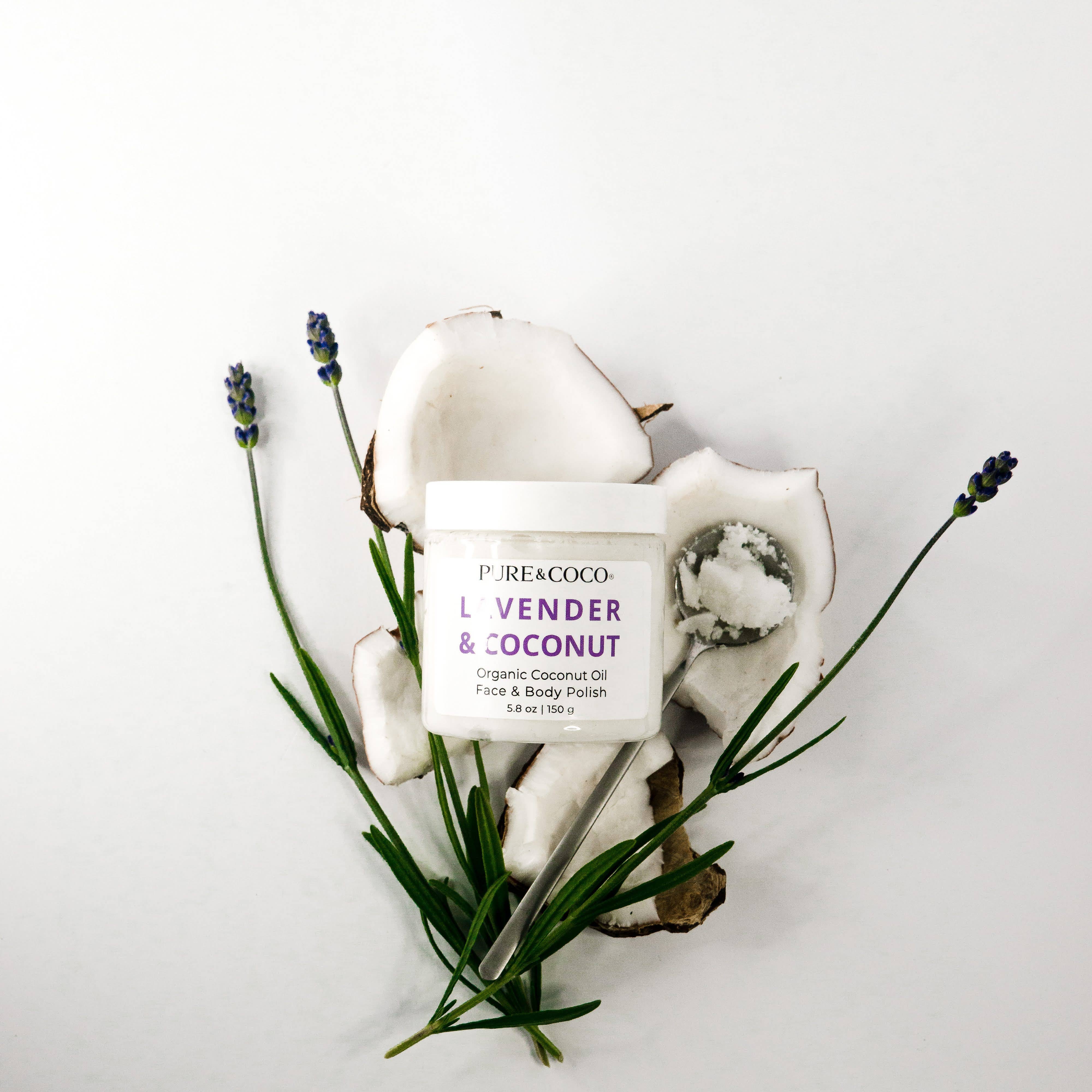Pure & Coco | Organic Coconut Oil Skincare - Wholesale Facial Exfoliant/Scrub - LAVENDER & COCONUT Organic Coconut Oil Face and Body Polish1