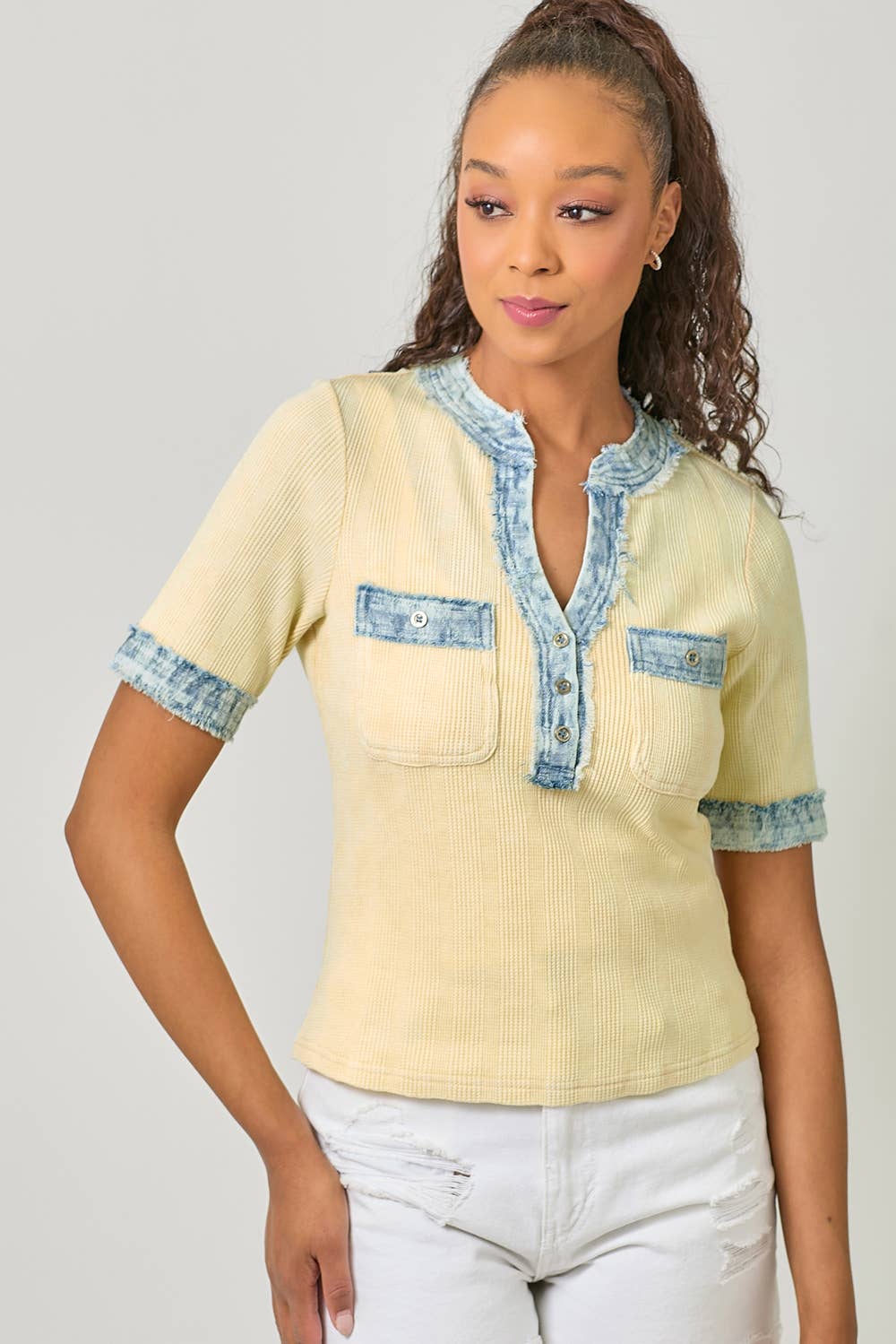 Mystree - Wholesale Blouse - Women's - 60981 Frayed Denim Trim Top 14