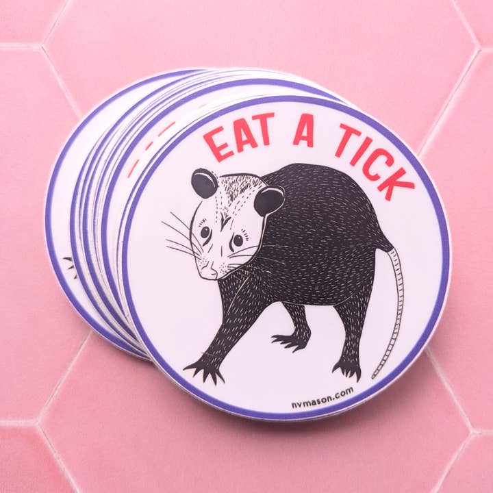Sticker - "Eat a Tick" Opossum - Possum sticker for wholesale by Natalie V. Mason