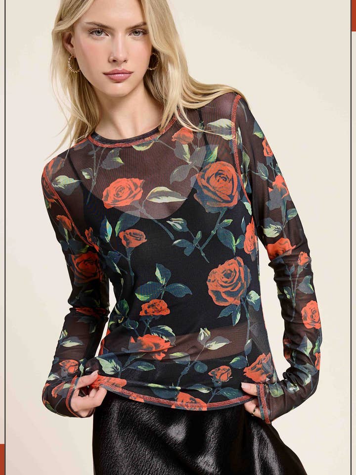 JDT7720-Semi Sheer Crew Neck Long Sleeve Mesh Layering Top for wholesale by La Miel