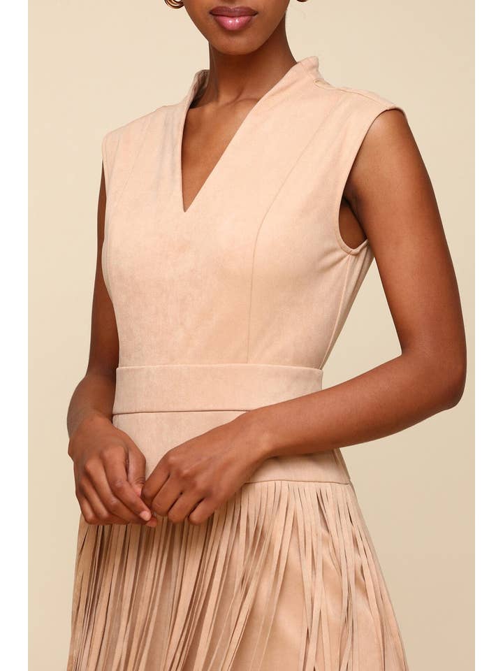 Biscuit Faux Suede Tiered Fringe Midi Dress for wholesale on Faire1