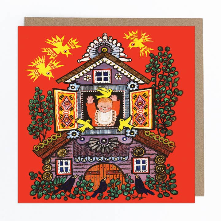 Happy Baby in the Window (Red) Greeting Card for wholesale by Kapelki Art