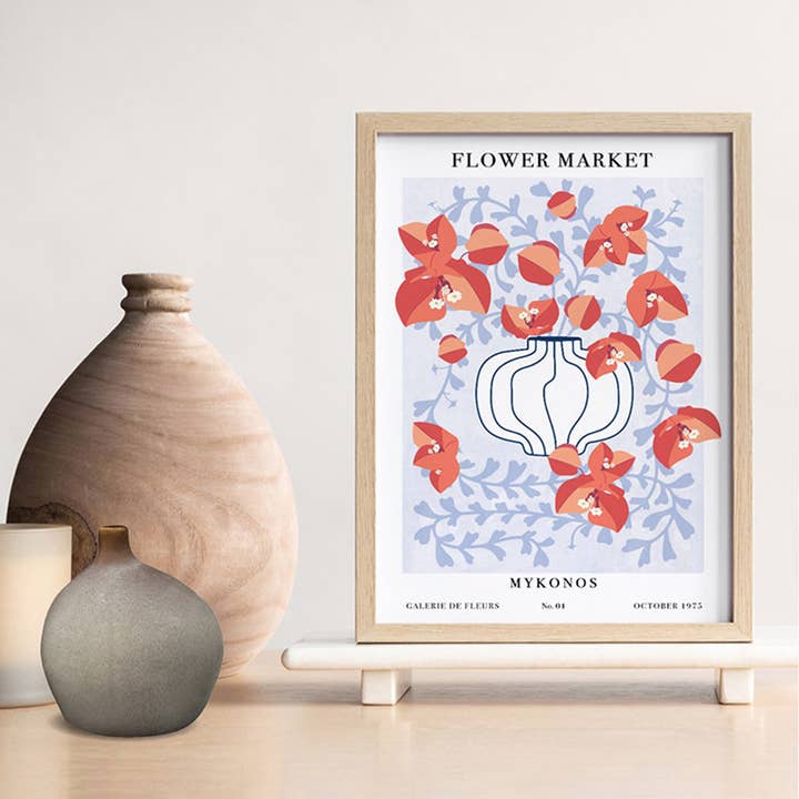 PRINT AND PROPER - Wholesale Art print - Flower Market Poster Mykonos. Retro Bougainvillea Wall Print1