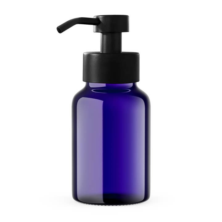 Blue glass dispenser, Naked for wholesale by Ambrosia Soap Company