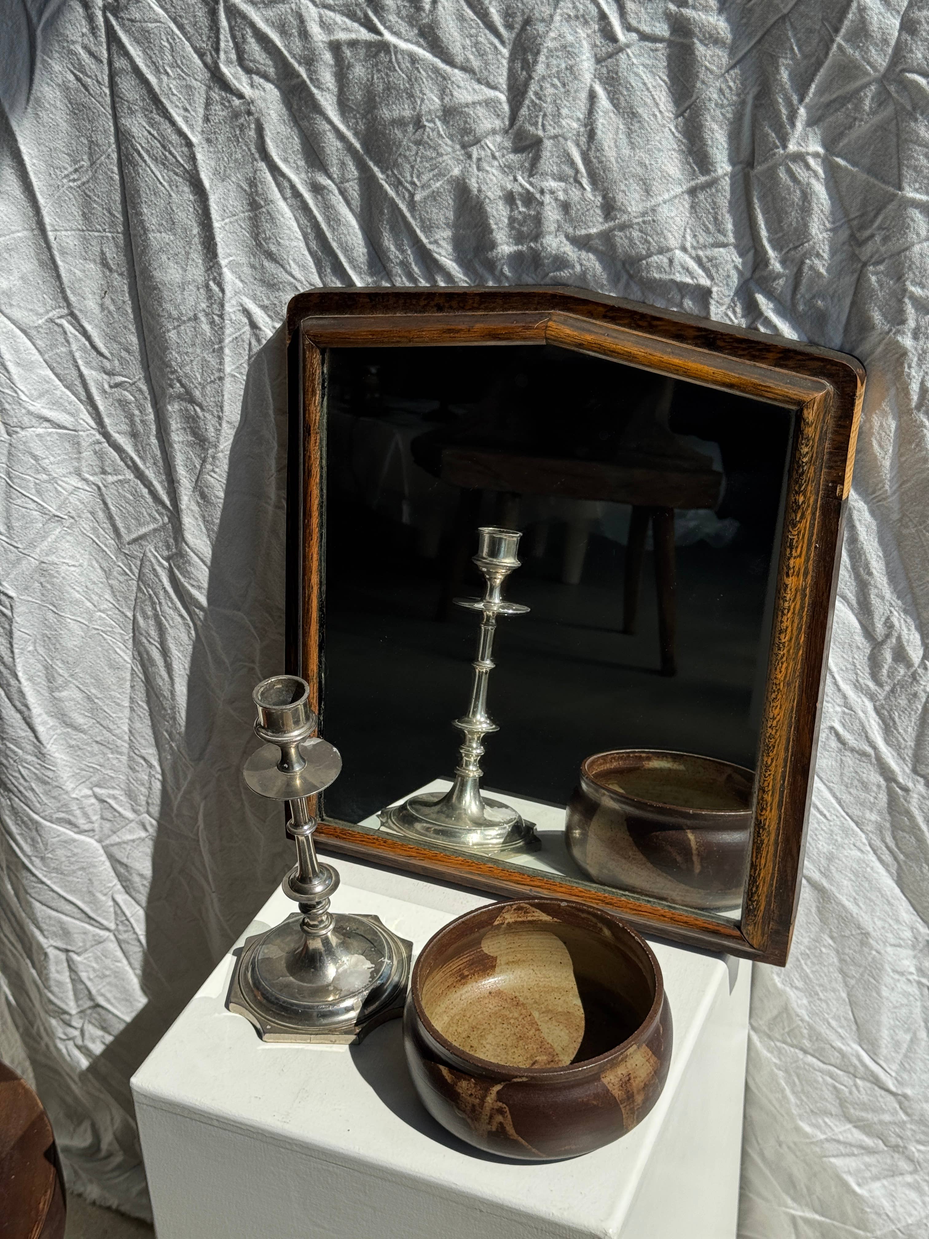 Brown Small antique English rectangular mirror with pediment for wholesale on Faire19