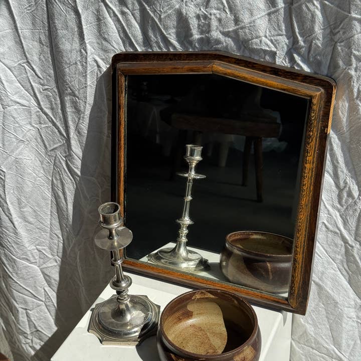 Brown Small antique English rectangular mirror with pediment for wholesale on Faire19