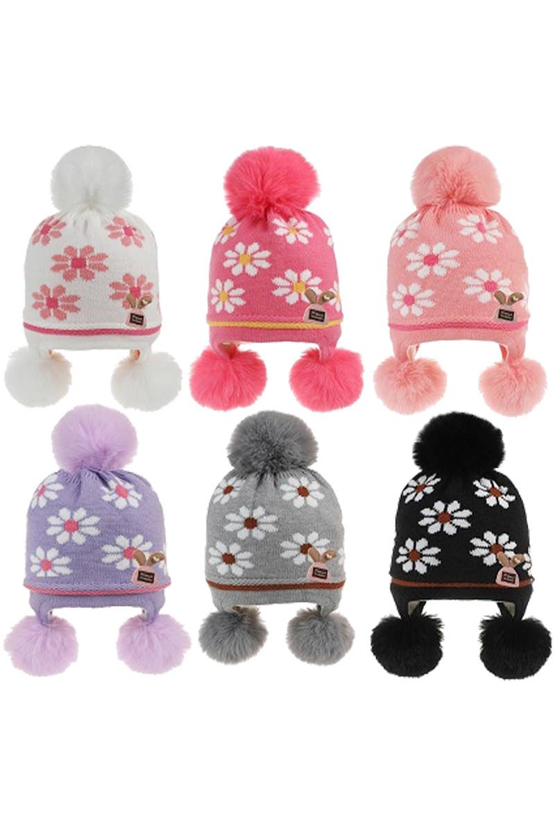 Cap Zone - Wholesale Beanie - Kids - Kids Daisy Flower Pom Pom Ear Flap Beanie0
