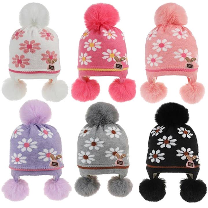 Cap Zone - Wholesale Beanie - Kids - Kids Daisy Flower Pom Pom Ear Flap Beanie