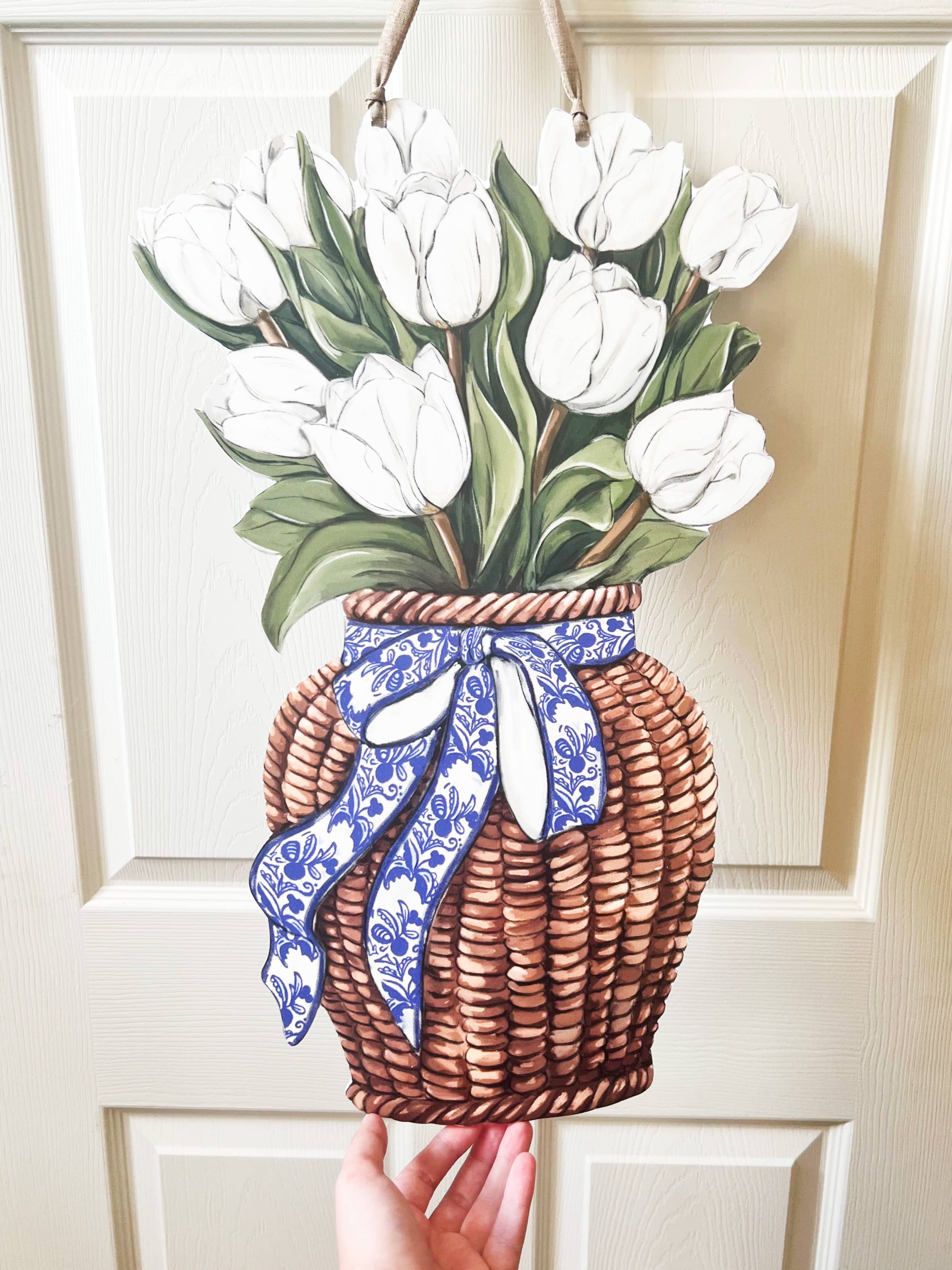 Home Malone – wholesale Door hanger – White Tulips Door Hanger-Pretty Floral Spring Flower Basket1