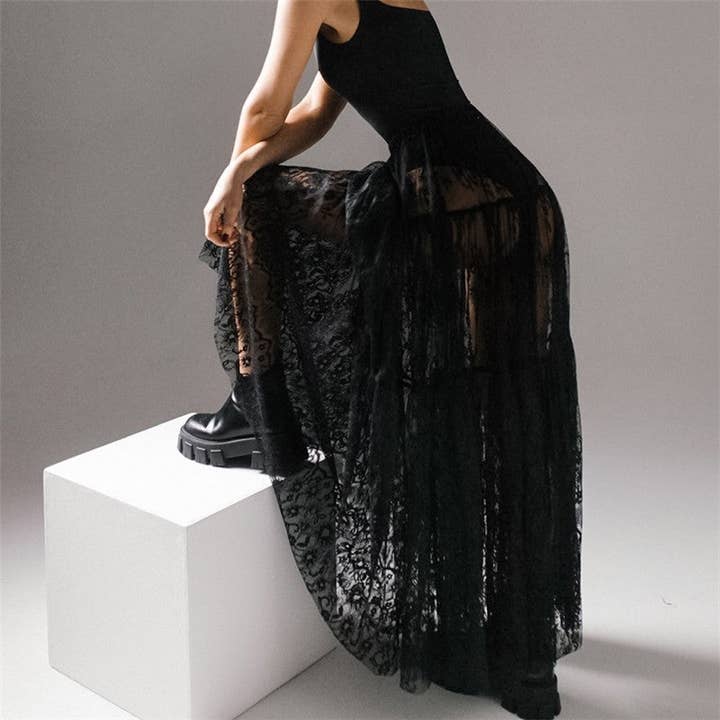 Zwarte kanten midi-rok met hoge taille voor wholesale door Sheer Trend