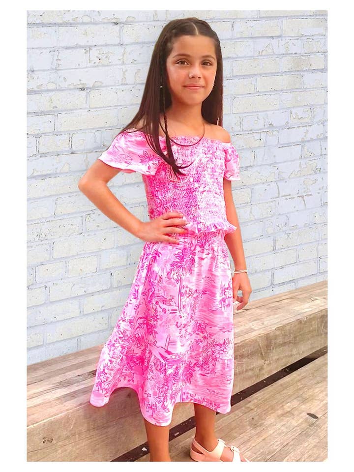 Pink Coral Reef TKSS-3171T-Q74 Toddlers 2 pc Skirt Set w/ Smocking Top for wholesale on Faire