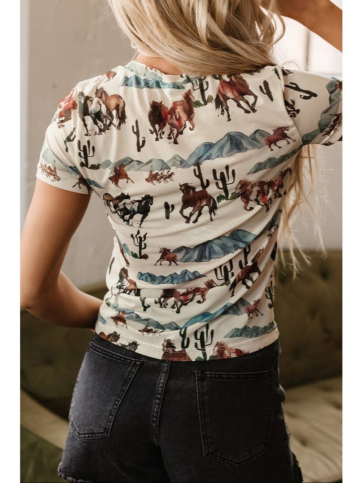 Beige Western Mesh Short Sleeve T-Shirt for wholesale on Faire