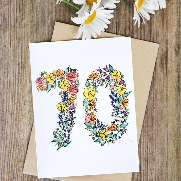 70th Birthday/Anniversary Card x5 for wholesale by Badibidu Watercolours