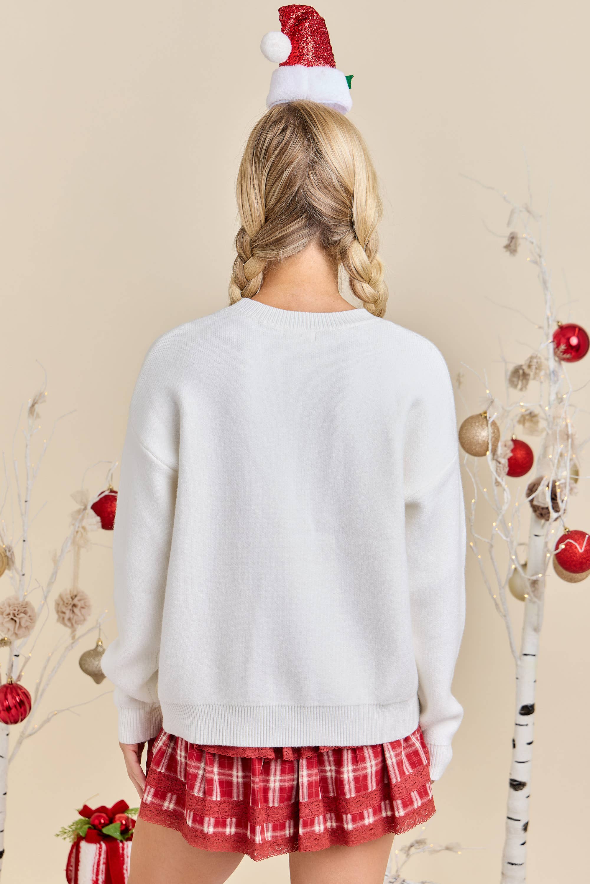 WHITE Fa La La La Christmas Knit Sweater Ready to Ship Holiday 🎵 for wholesale on Faire1