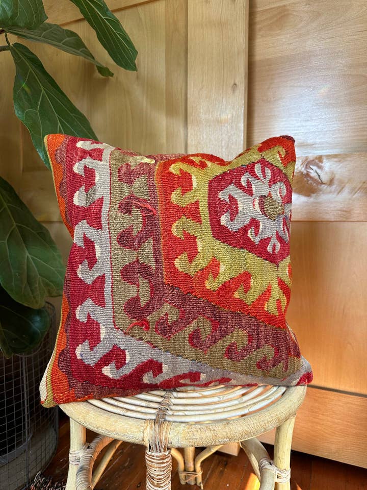 Red Sunburst Turkish Kilim Throw Pillow, 16 x 16 for wholesale by High Pile Designs
