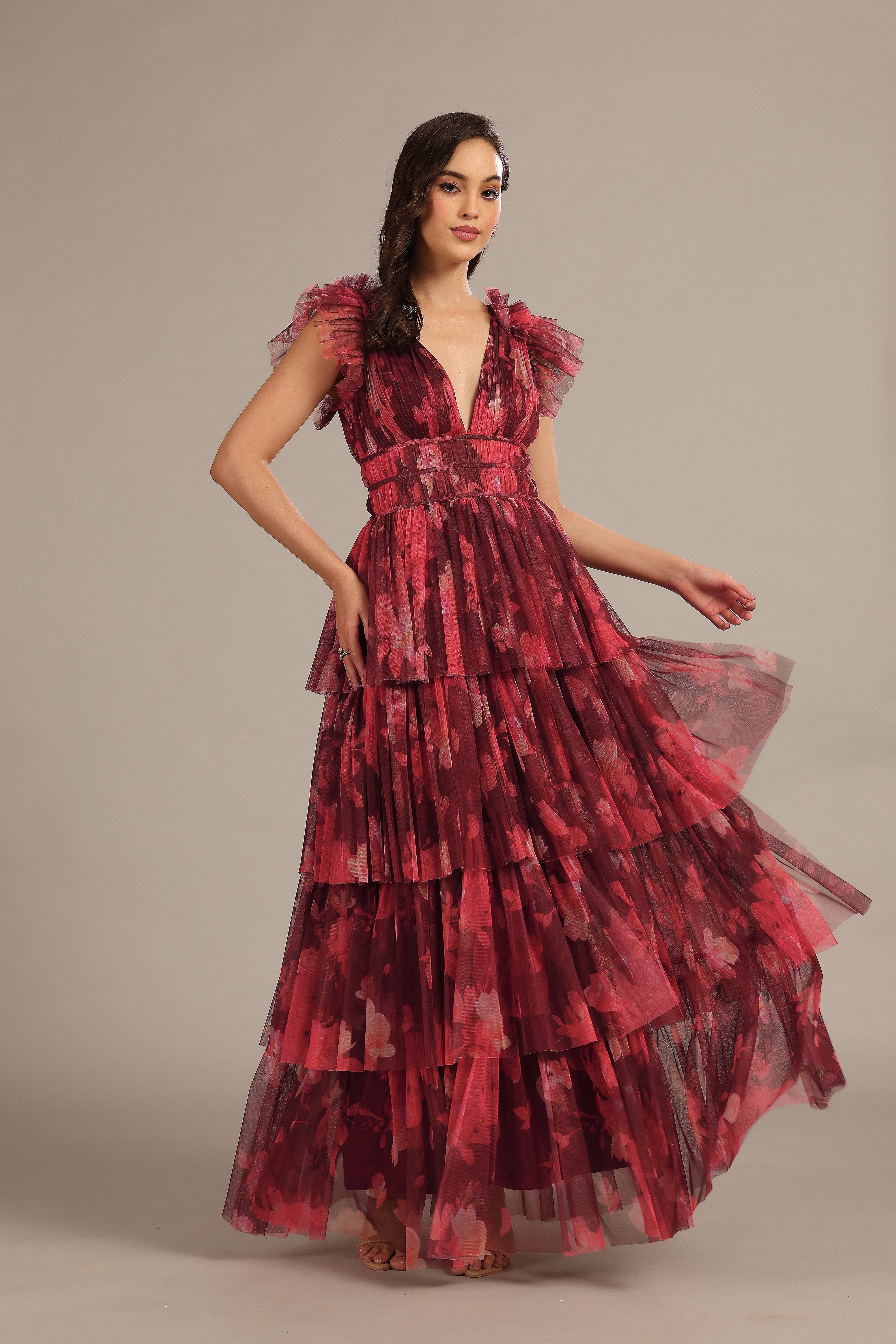 Naomi Tulle Maxi Dress in Deep Red Floral for wholesale on Faire3