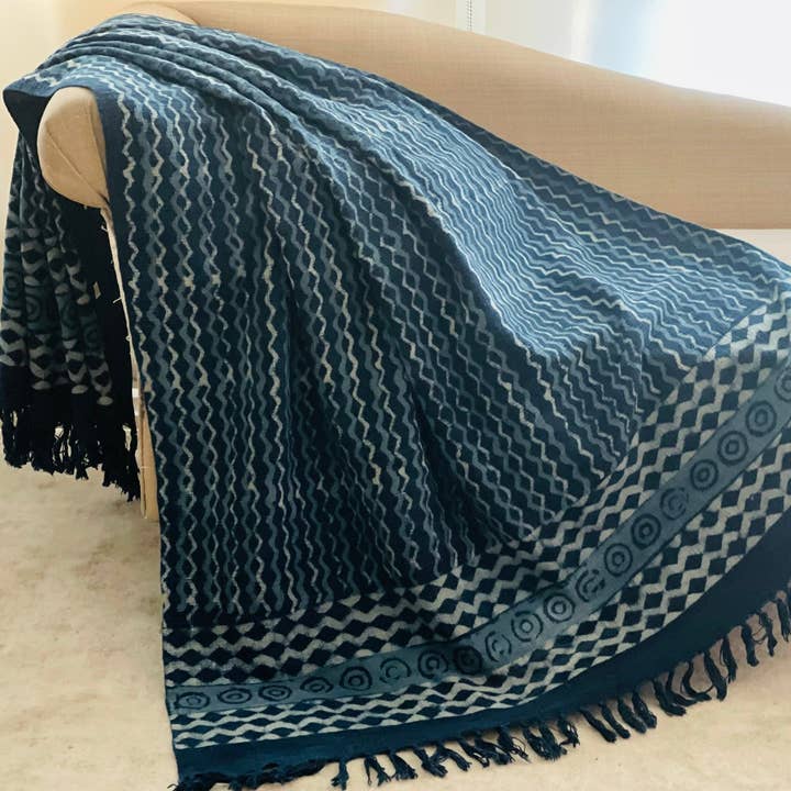 Vintage Throw Blanket, Indigo Mud Throw Blanket For Couch King Size Handmade Blue And White Chevron Throw, Cotton Bed Spread, Home Decor for wholesale by Sunny Dzyns