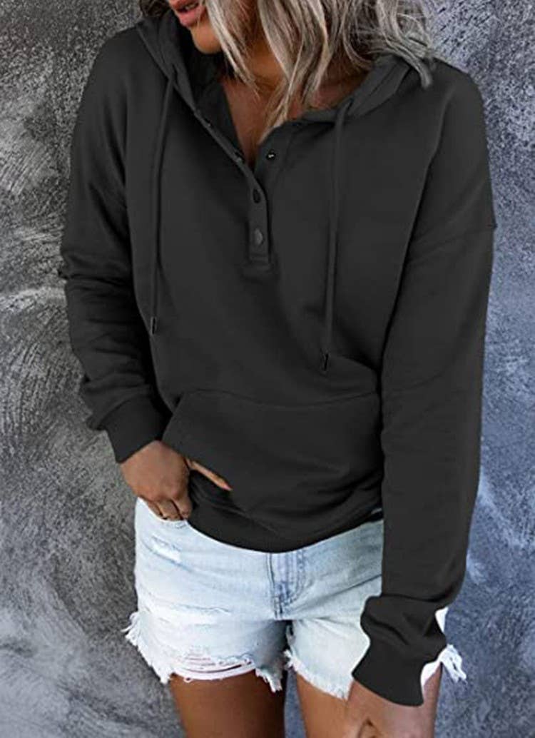 HIDDENBRAND - Wholesale Hoodie - Women's - Large Pockets Half Buttoned Hooded Sweatshirt0