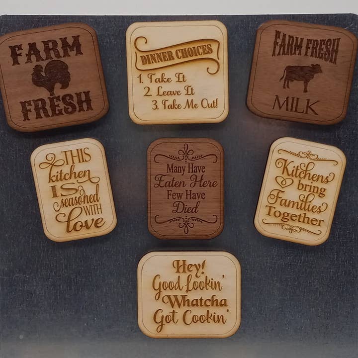 Kitchen, Love, Family, Farm Fresh Laser Engraved Magnet Set for wholesale by Expressions Engraved