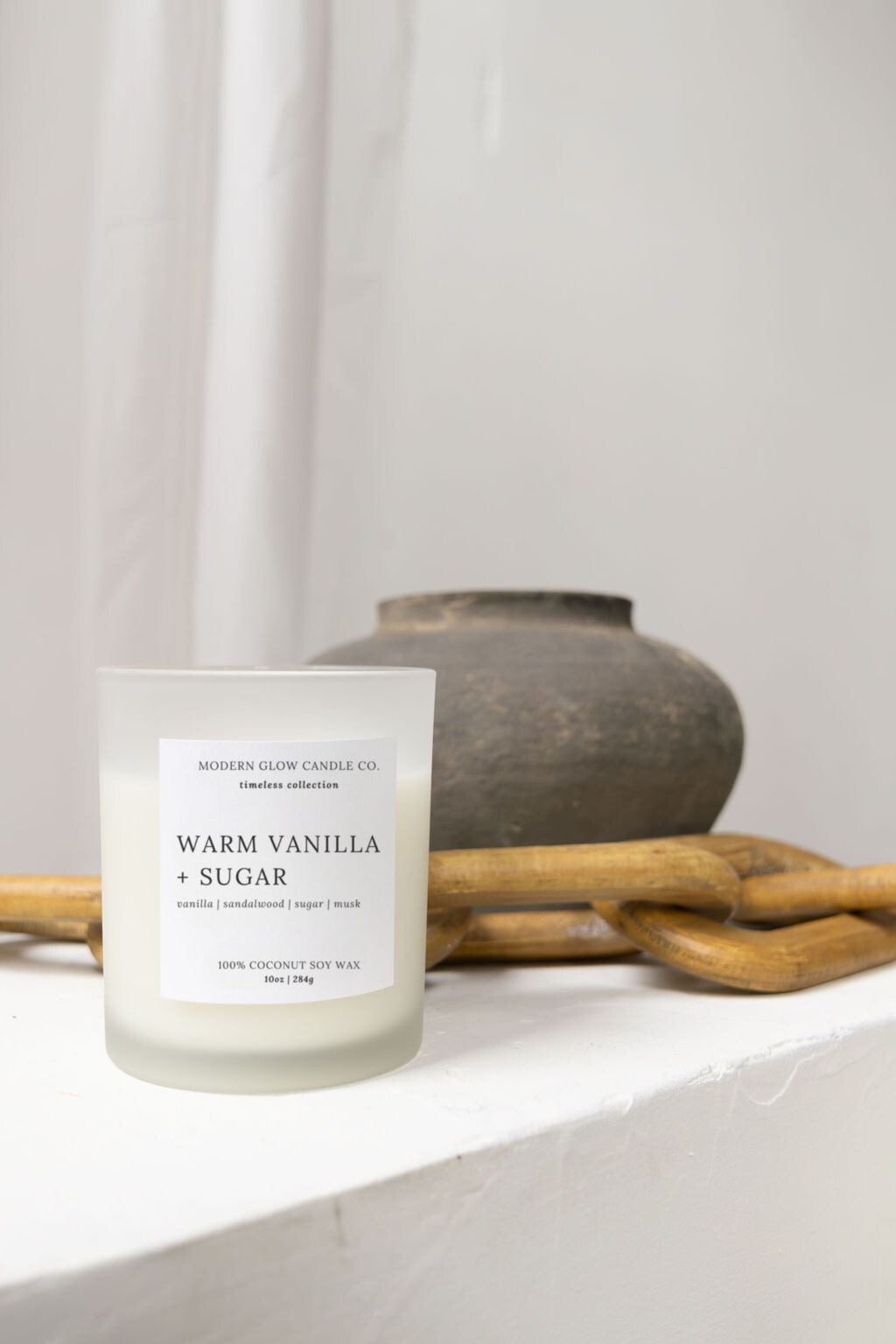 Modern Glow Candle Co. - Wholesale Jar/Filled Candle - Warm Vanilla + Sugar - 10oz Frosted White Soy Candle3
