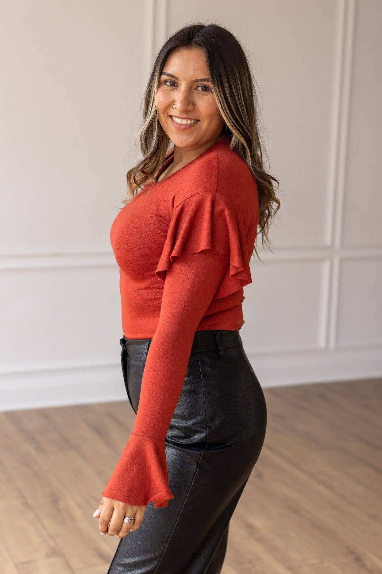 Rust Rustic Shimmer Bodysuit With Ruffle Shoulder Sleeve for wholesale on Faire2