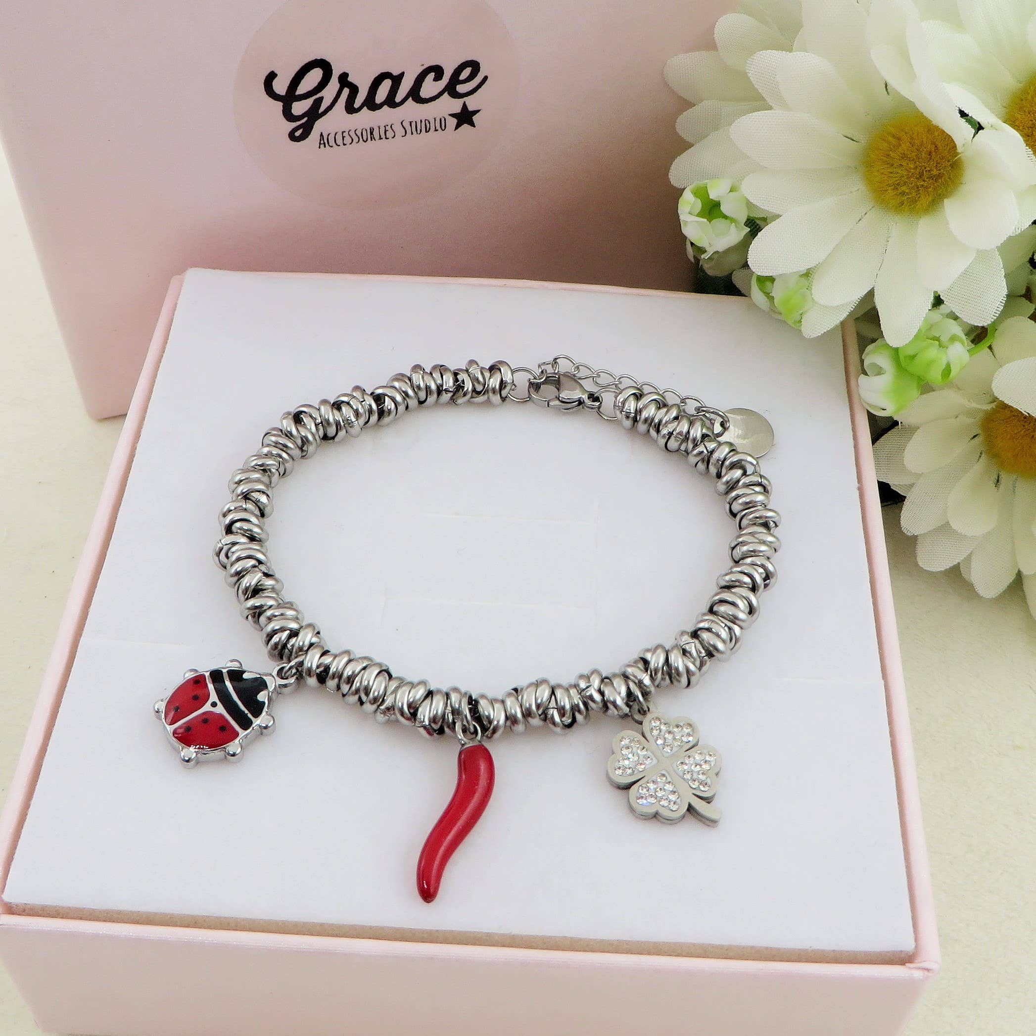 Daemon srls - Wholesale Charm/Dangle Bracelet - LUCKY LADYBUG - Bracciale con ciondoli scaramantici e coccinella ACCIAIO INOSSIDABILE0