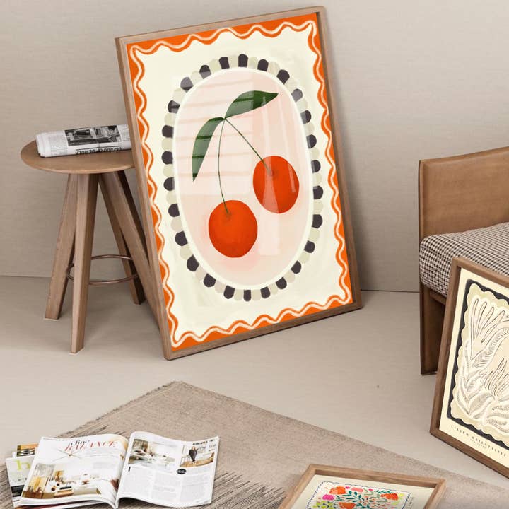 Cherry with border, Art print, Kitchen art,  colourful art for wholesale by Kate Fox Design