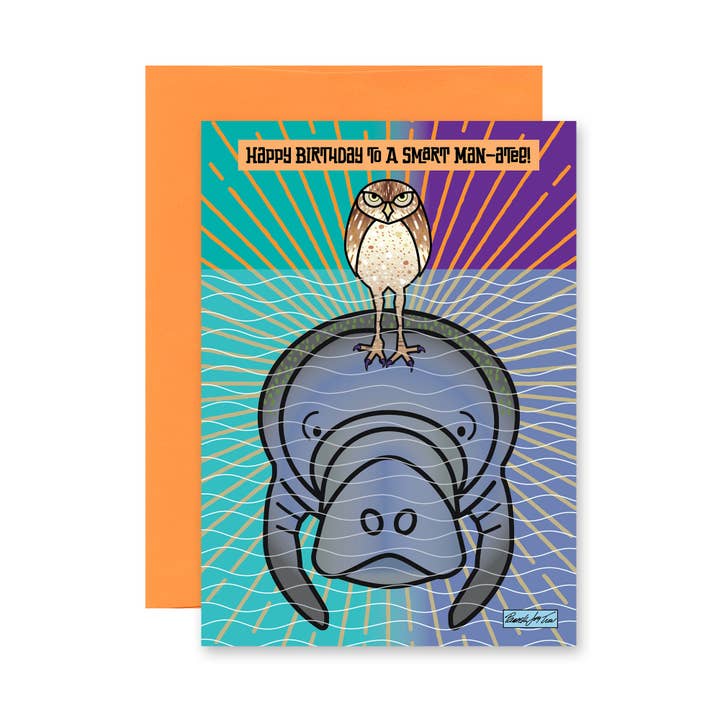 The Art of Pamela Joy Trow - Wholesale Birthday Card - Happy Birthday Card for Men with Owl on a Manatee