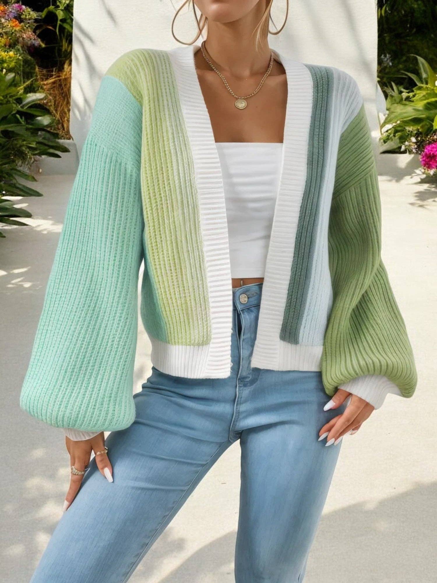 Anna Kaci Wholesale – wholesale Cardigan – Women’s – Colorblock Open Front Cardigan with Balloon Sleeves1