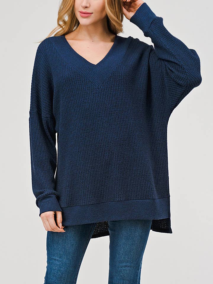 Long Sleeve Oversized V-neck Brushed Knit Top, T658 for wholesale by Heimious