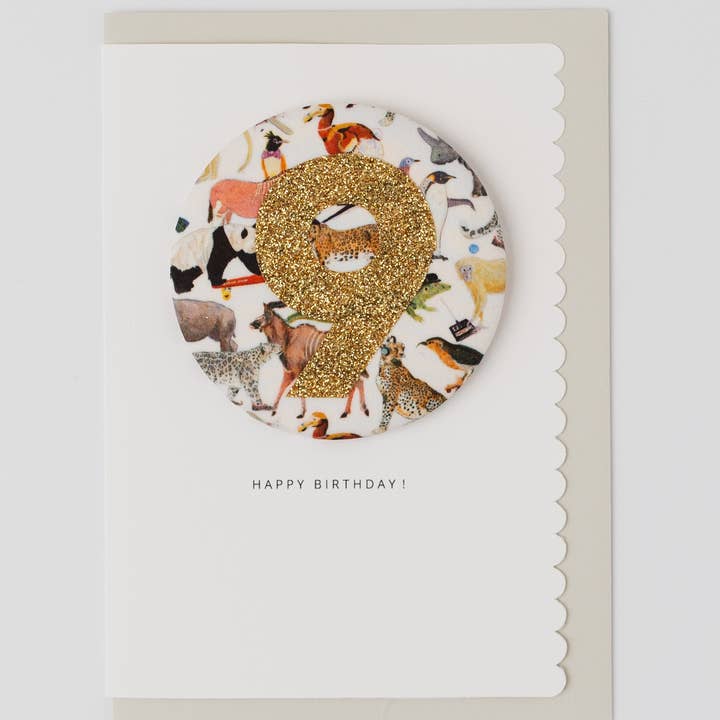 The Charming Press - Vendita all'ingrosso Biglietti di auguri - Distintivo di Compleanno Età 9 - Tessuto Liberty Coda per lo Zoo