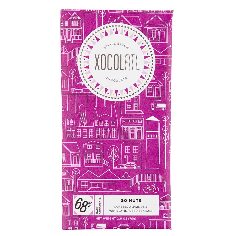 Xocolatl Small Batch Chocolate - Wholesale Chocolate Bar - Go Nuts: 68% dark chocolate with roasted almonds & sea salt1
