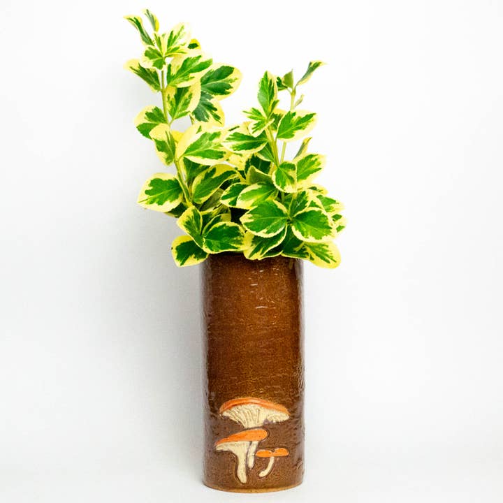 Jack-O'-Lantern Mushroom Handmade in Ohio Ceramic Vase for wholesale by White Squirrel Clayworks