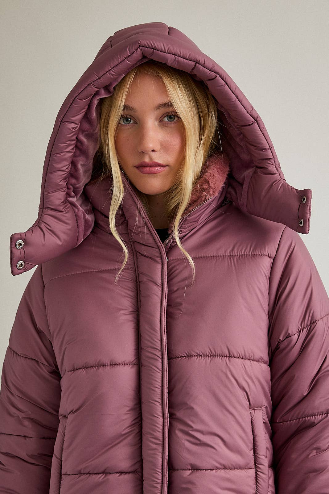 MAUVE PUFFER JACKET WITH ATTACHABLE HOODIE for wholesale on Faire8
