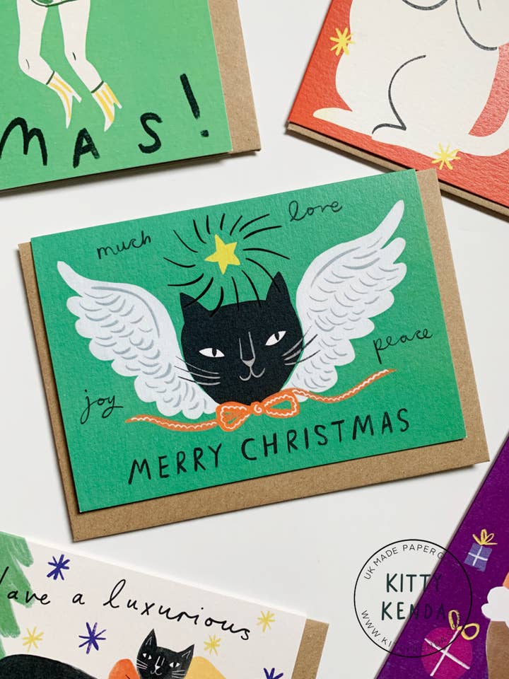 Cat Angel Face Christmas Card for wholesale by Kitty Kenda Papergoods