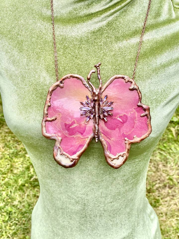 Real Rose Petal Butterfly Necklace Copper Electroformed for wholesale by The Posh’mina
