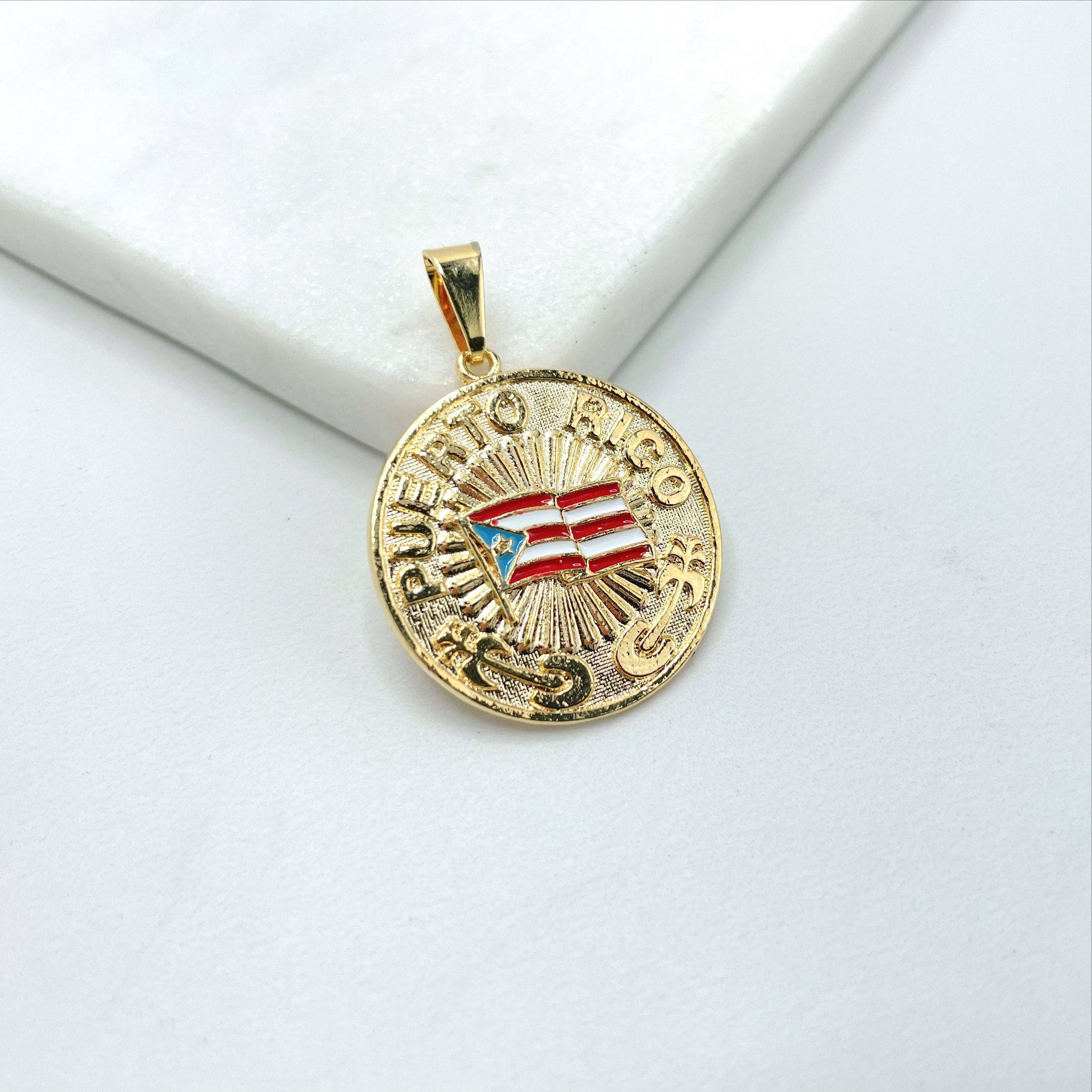 DIJU Jewelry - Wholesale Individual Charm/Pendant - 18k Gold Filled Texturized Puerto Rico Colored Medal Flag Pendant Charms, Flag with Name or Flag with Stars, Wholesale Jewelry Supplies0