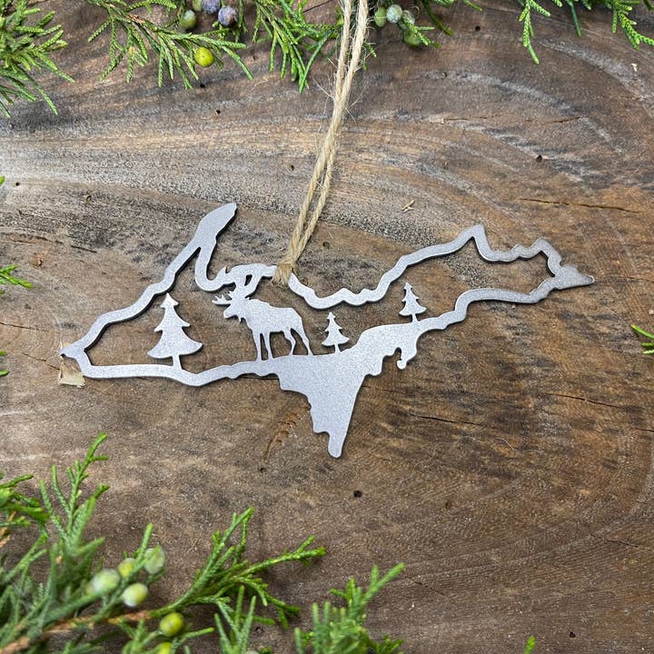 Michigan Upper Peninsula MOOSE Scene Raw Steel Ornament for wholesale by BE Creations & Designs, Inc.
