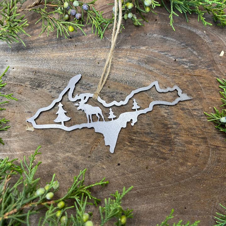 Michigan Upper Peninsula MOOSE Scene Raw Steel Ornament for wholesale by BE Creations & Designs, Inc.