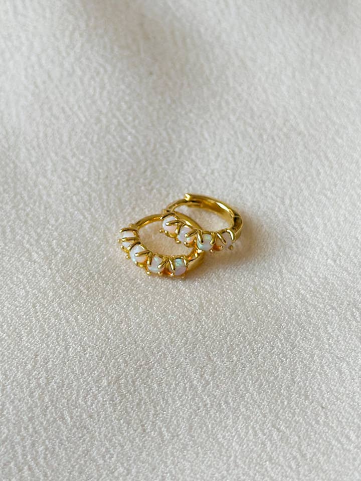 18k Gold Opal Encrusted Huggie Hoop Earrings for wholesale by Ellis Grey Jewellery