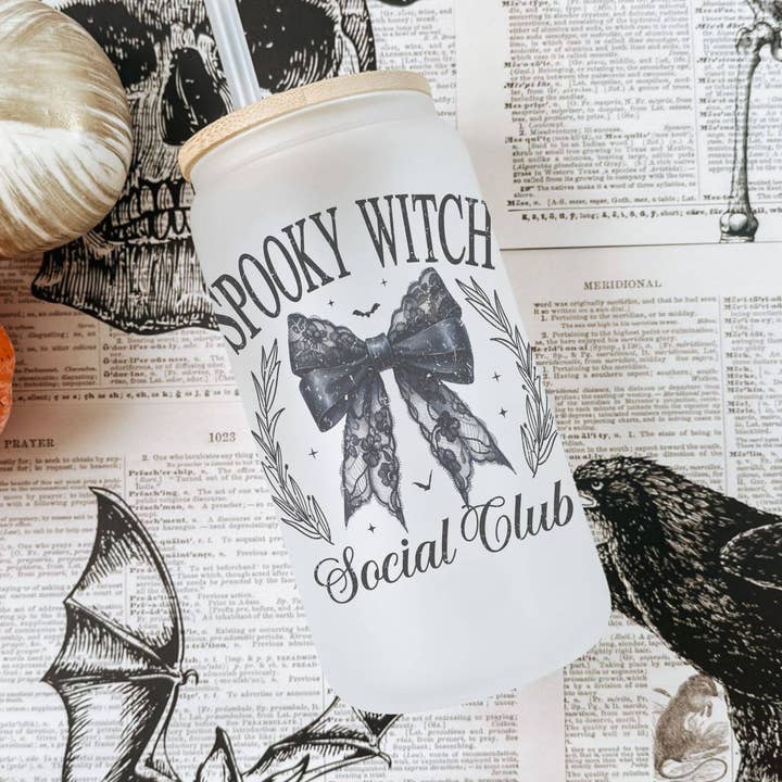 Spooky Witch Social Club Halloween sort sløjfe glas tumbler for engroshandel hos Cataleya Designs Studio LLC