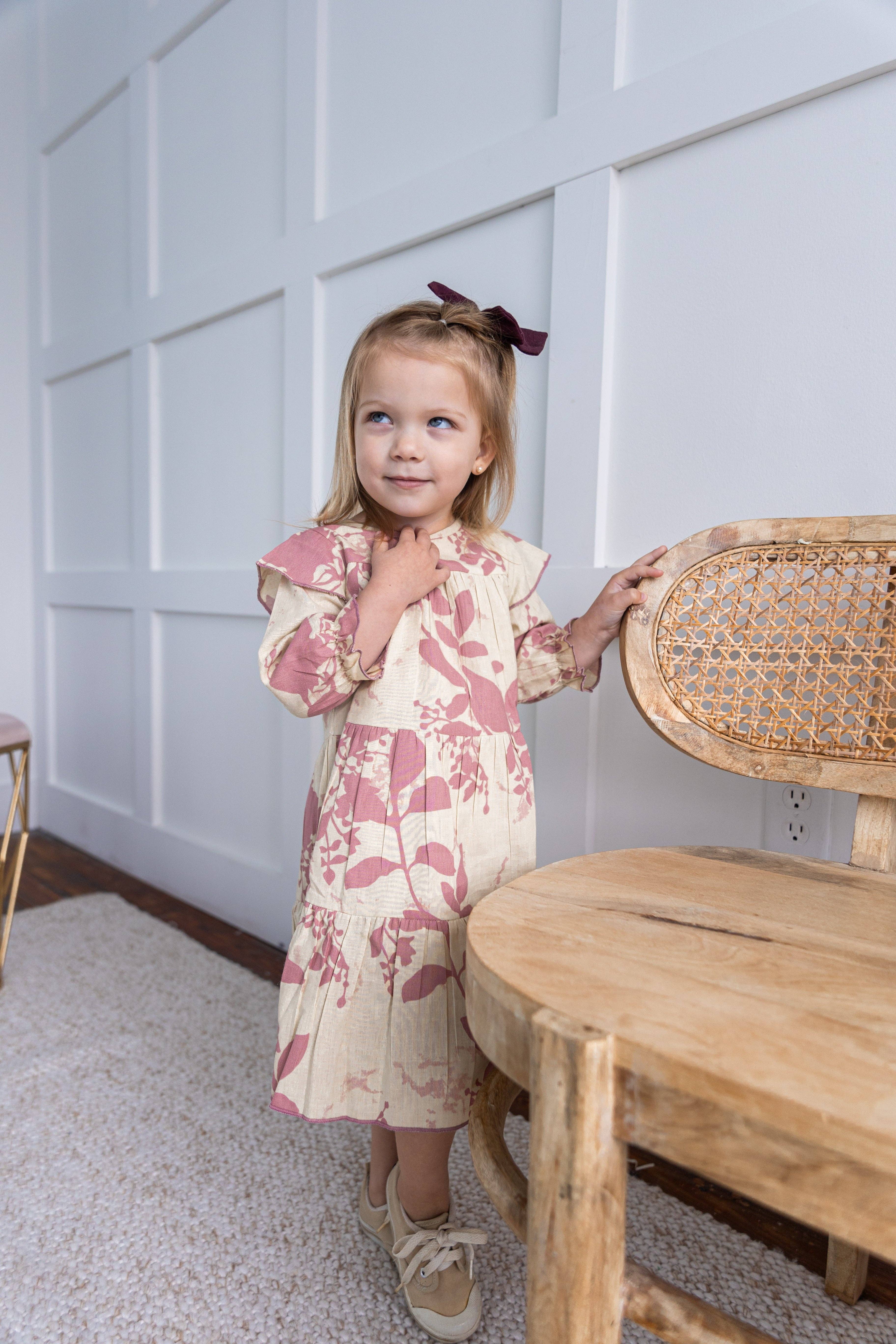 Yo Baby - Wholesale Dress - Kids - Dark Pink Leaf Printed Tiered Long Sleeve Dress7
