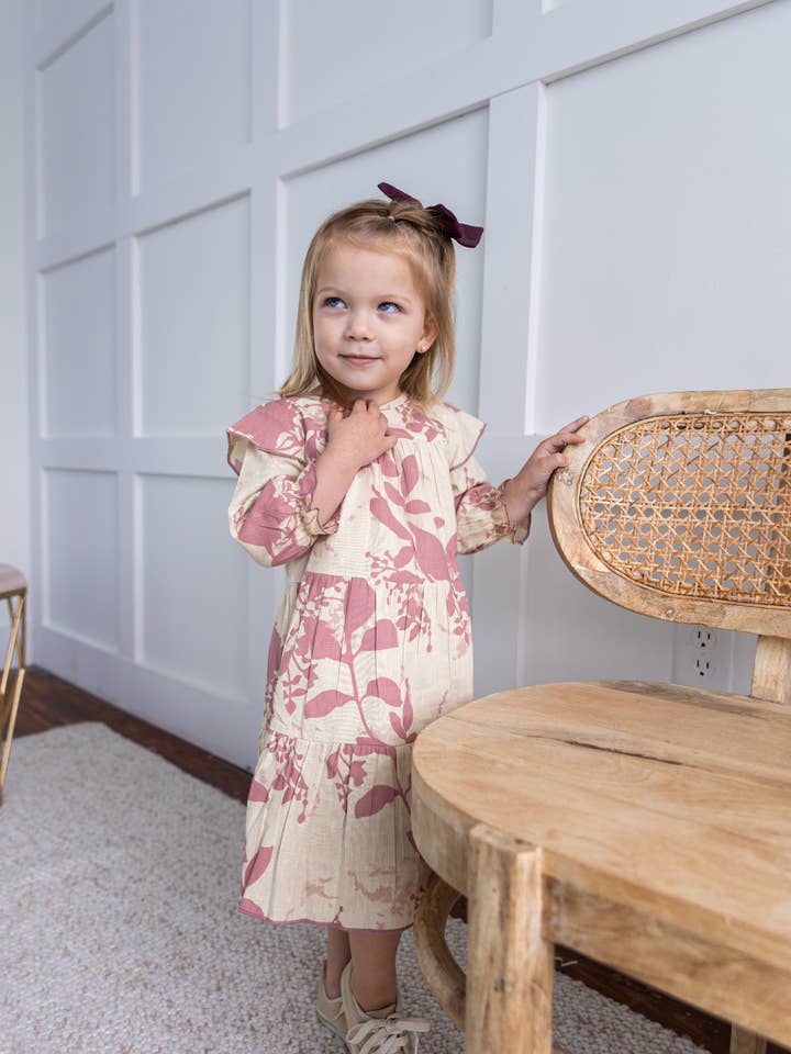 Yo Baby - Wholesale Dress - Kids - Dark Pink Leaf Printed Tiered Long Sleeve Dress7