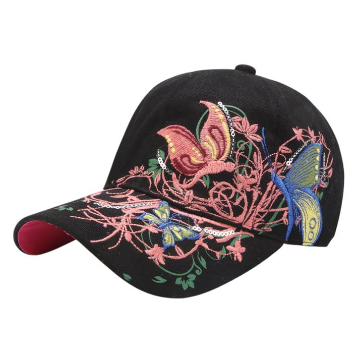 Embroidered Butterfly Baseball Cap with Floral Sequin Accent for wholesale by AK Brand
