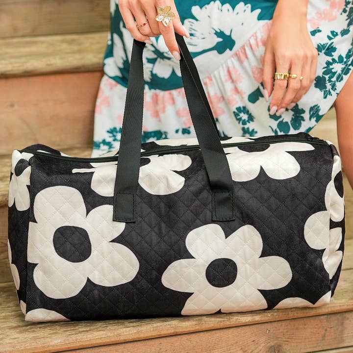 Black Flower Print Quilted Large Duffel Bag for wholesale on Faire1